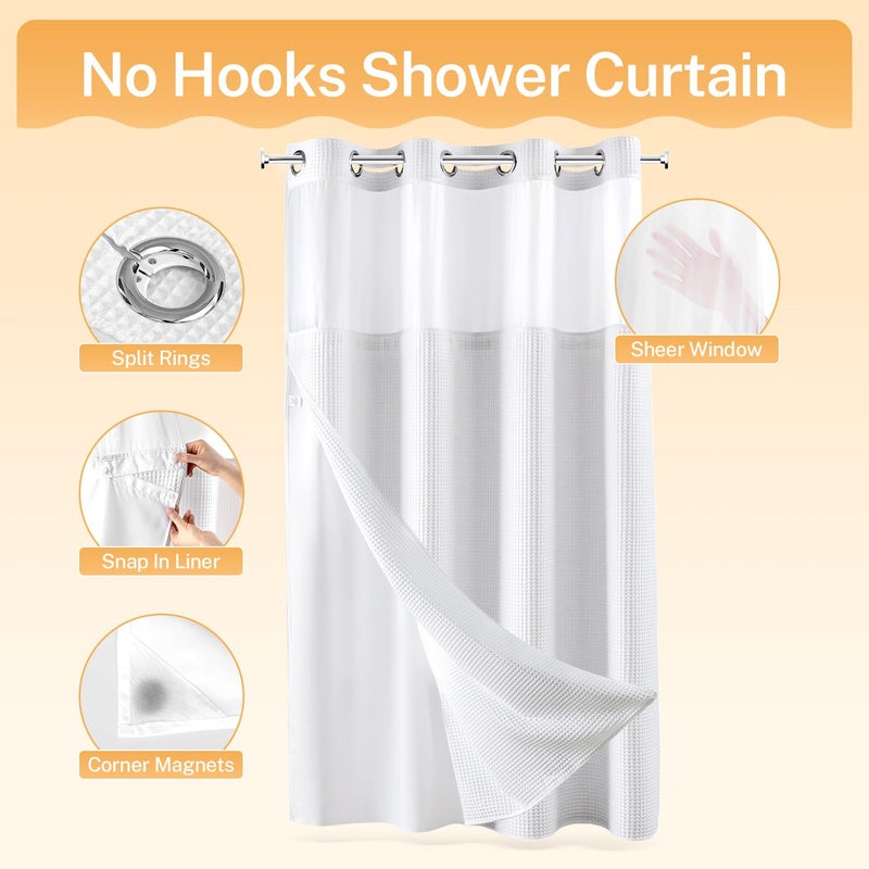 River Dream White Fabric Shower Curtain Set, Cotton Blend, Waffle Weave, with Snap in Replacement Linerï¼Œ54 x 80 inches - Image 4